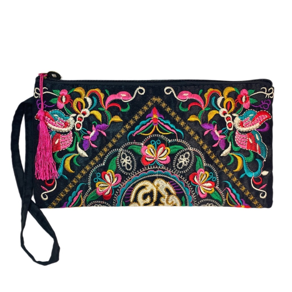 Boho Vintage Style Floral Embroidery Zipped Clutch Butterfly Pattern Multi-color